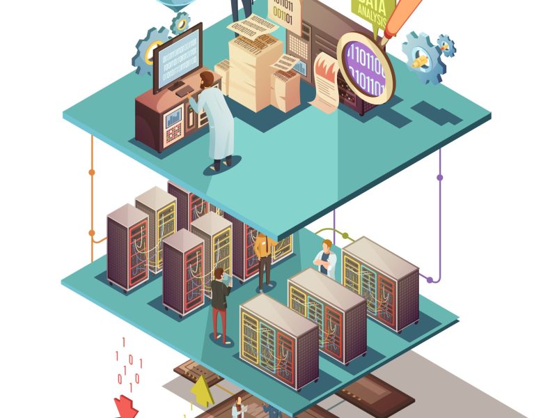 Data analysis isometric concept with electronic equipment information exchange server infrastructure cloud services and staff vector illustration